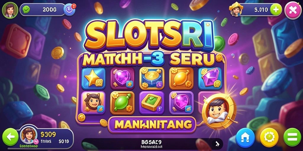 Tangkapan layar SLOTSRI menampilkan aksi match-3 yang seru dan penuh warna.
